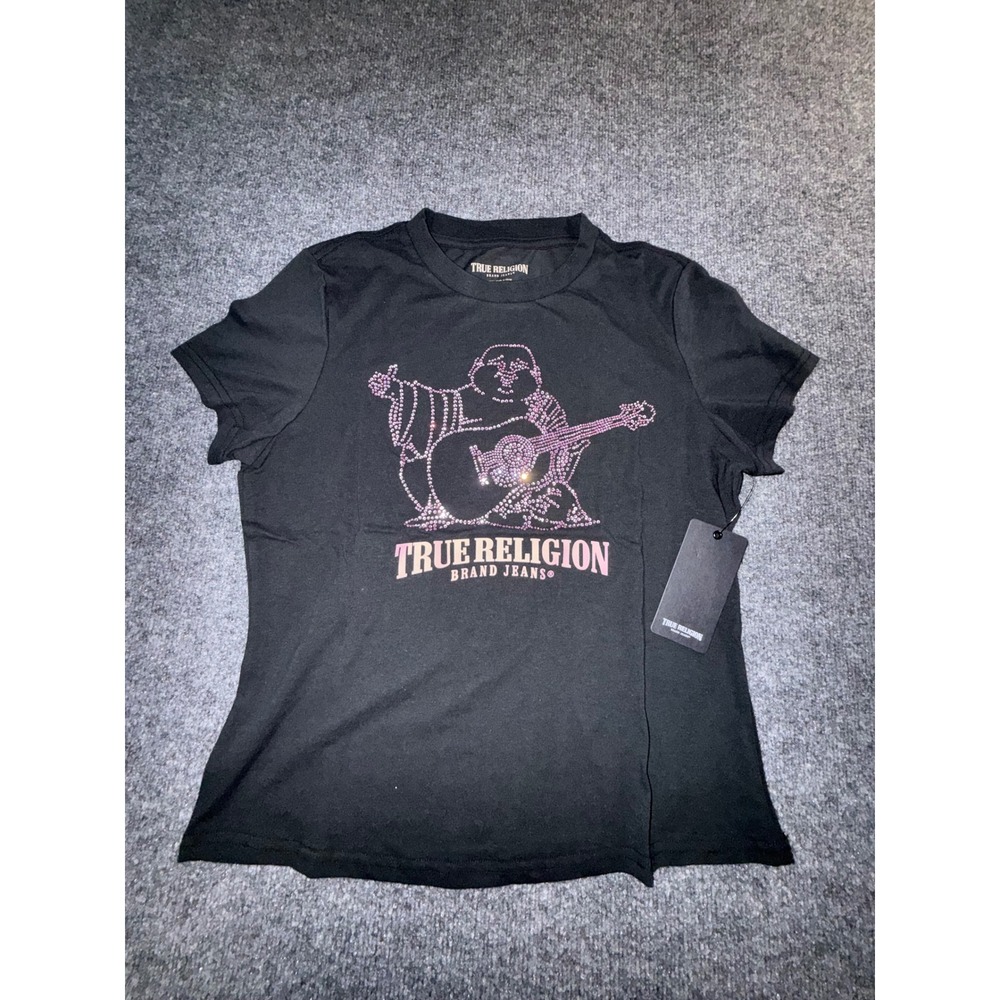 True Religion Womens Pink Rhinestone Buddha Logo T-Shirt Black Large 600372